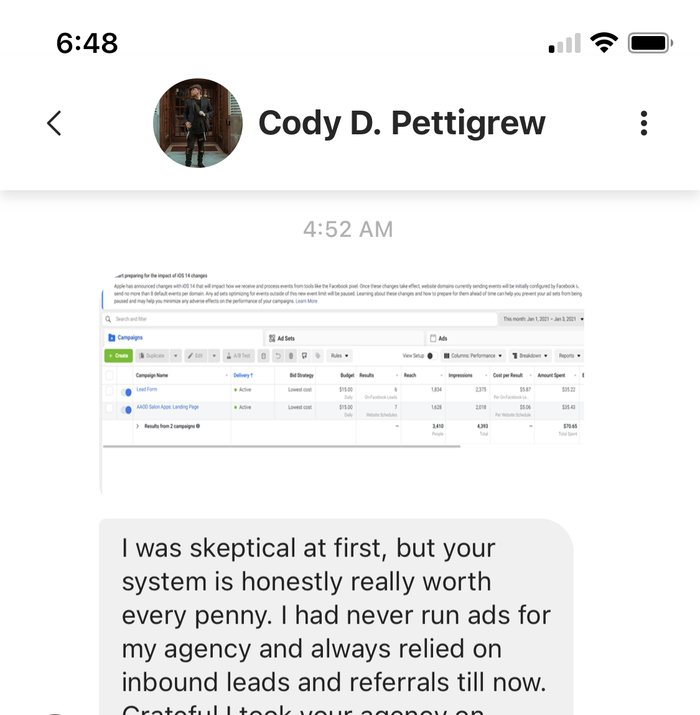 Messenger message about being skeptical at first but the system being worth every penny