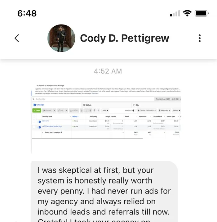 Messenger message about being skeptical at first but the system being worth every penny
