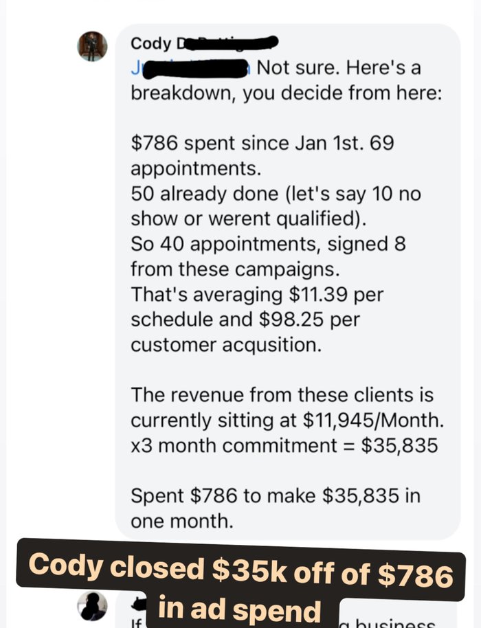Cody's Facebook comment about closing $35k off $786 in ad spend