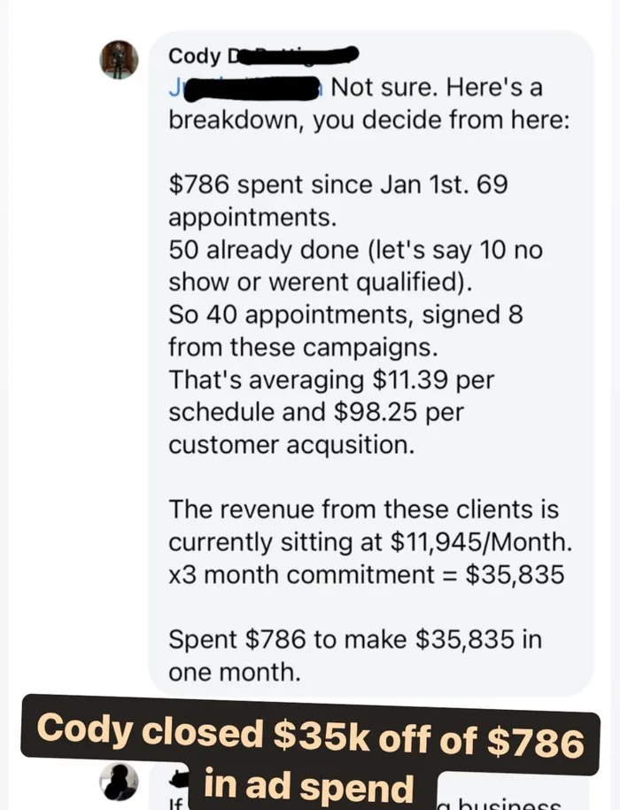 Cody's Facebook comment about closing $35k off $786 in ad spend