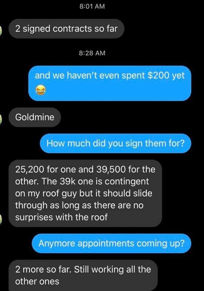 Text conversation about closing two contracts worth $25,200 and $39,500