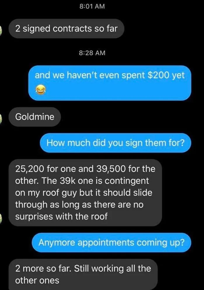 Text conversation about closing two contracts worth $25,200 and $39,500