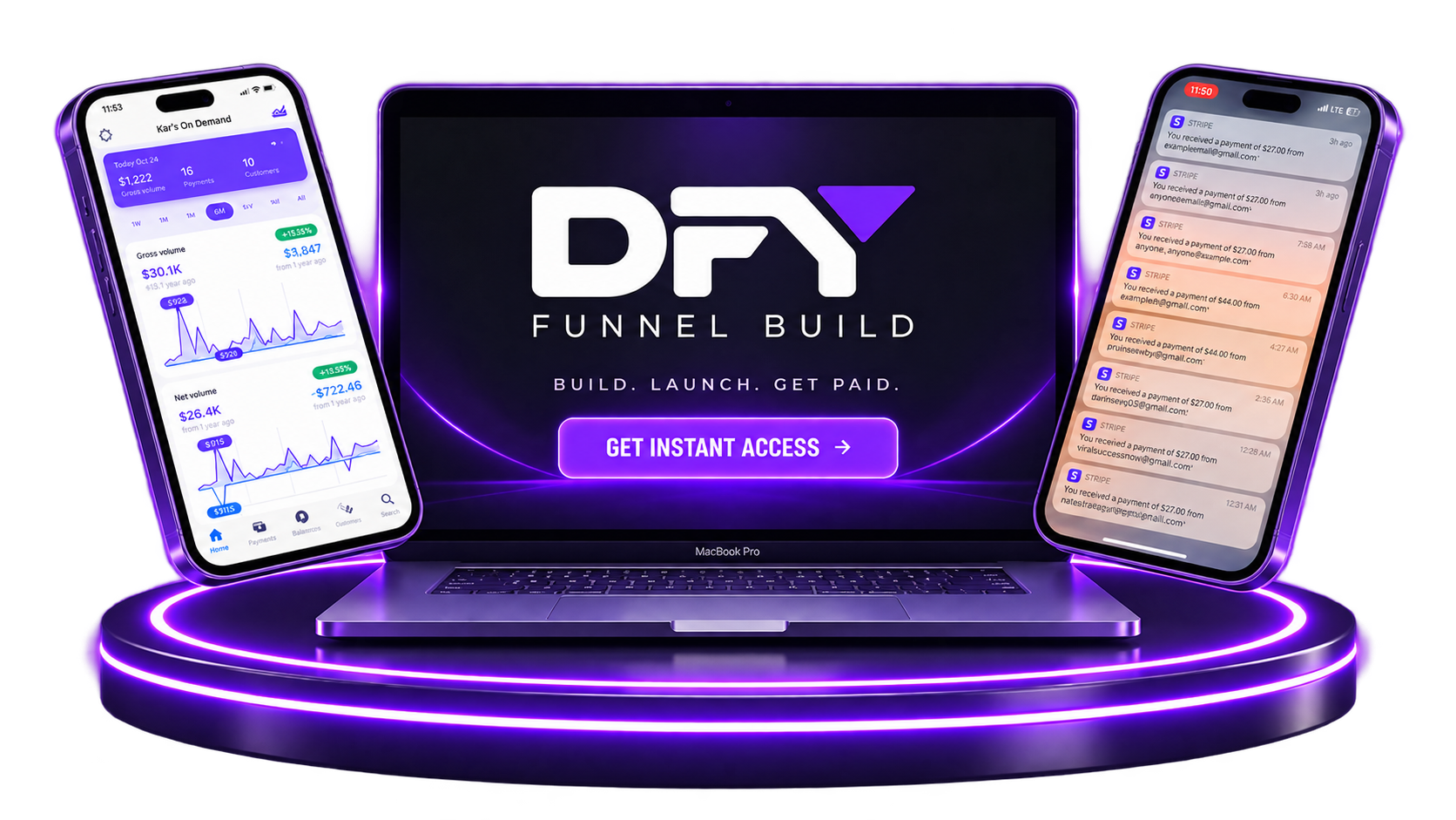 DFY Funnel Build product mockups: dashboard, payment notifications, and branded laptop screen