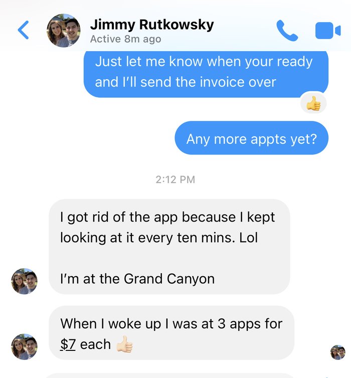Jimmy's Messenger conversation about 3 appointments at $7 each