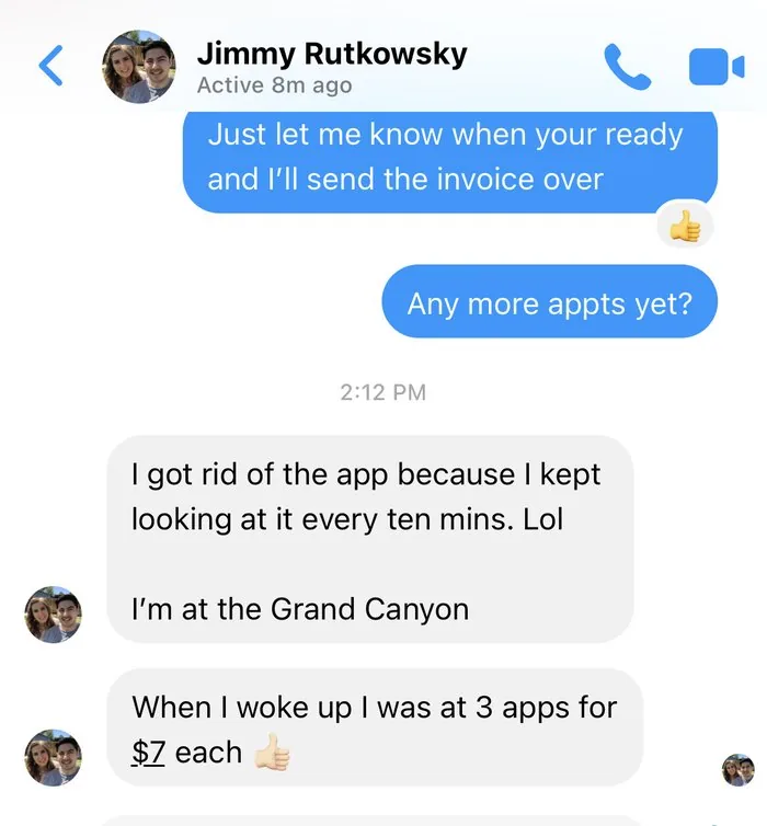 Jimmy's Messenger conversation about 3 appointments at $7 each
