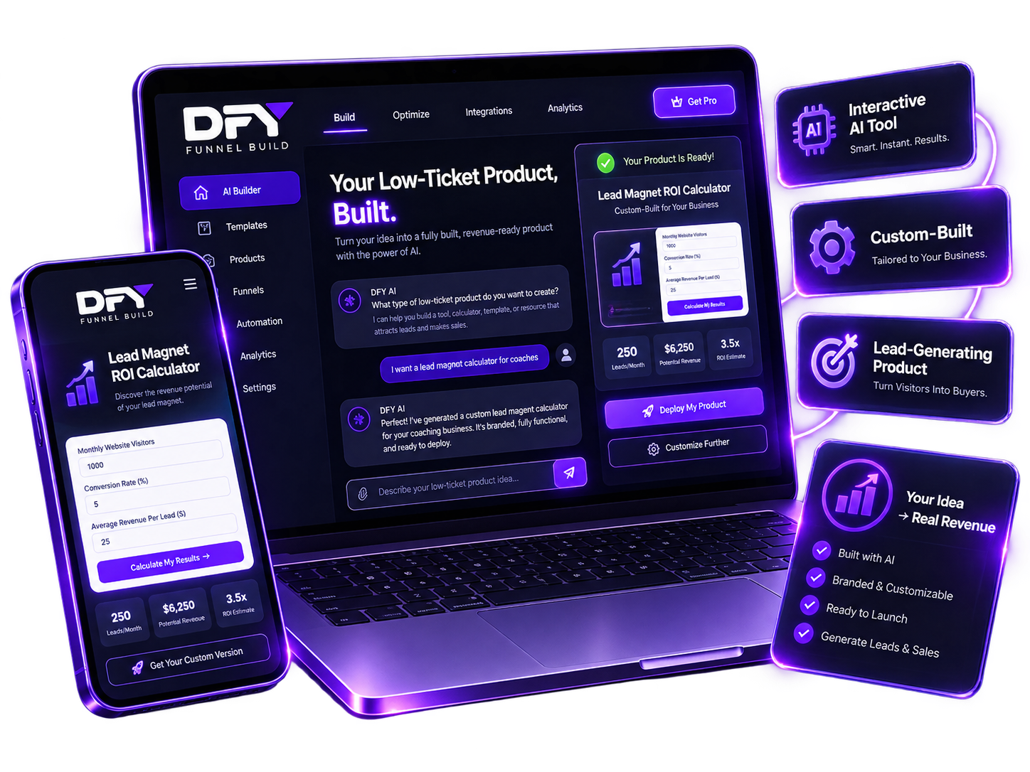 Custom interactive AI tool mockup: low-ticket product builder