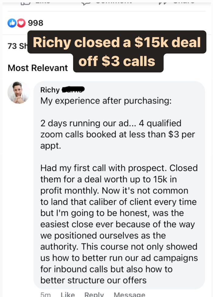Richy's Facebook comment about closing a $15k deal off $3 calls