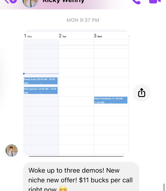 Ricky's calendar showing three demos booked overnight