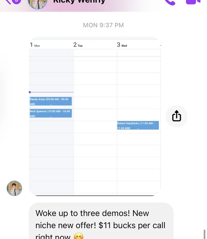 Ricky's calendar showing three demos booked overnight