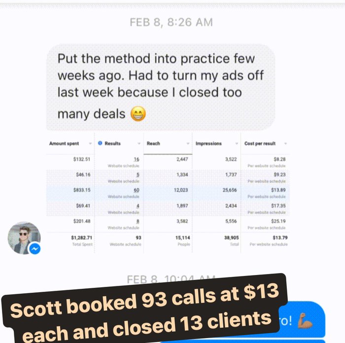 Facebook ad results table showing 93 calls booked and 13 clients closed