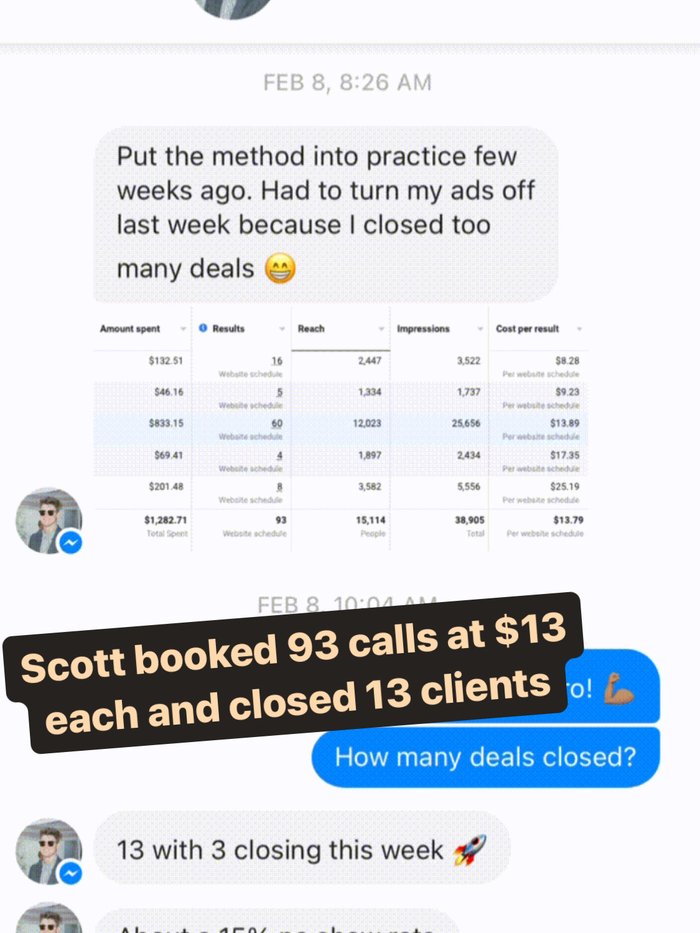 Scott's Messenger conversation about booking 93 calls at $13 each