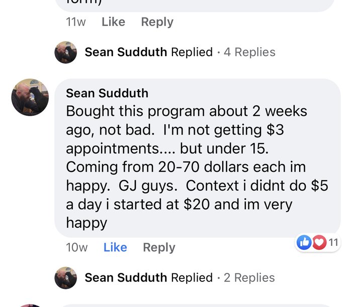 Sean's Facebook comment about appointments coming in under $15 each