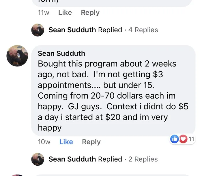 Sean's Facebook comment about appointments coming in under $15 each