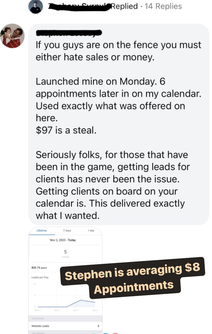 Stephen's Facebook comment about 6 appointments booked from launching