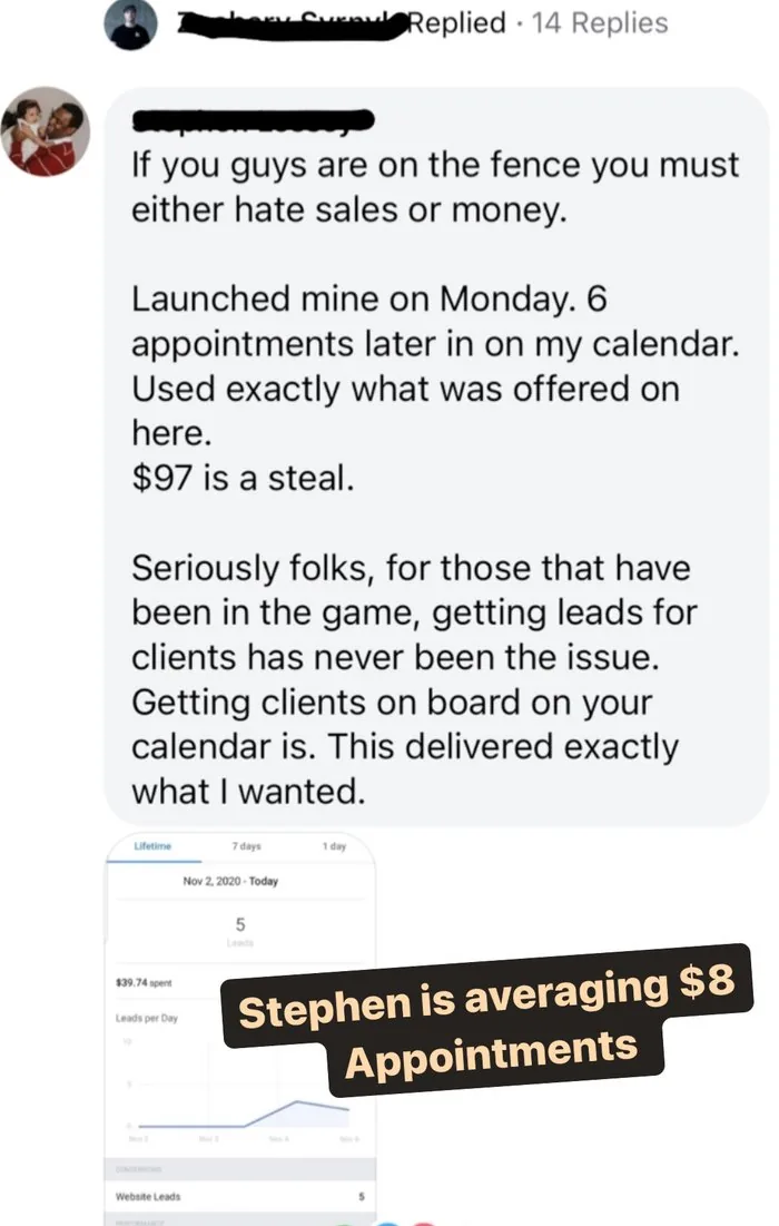 Stephen's Facebook comment about 6 appointments booked from launching