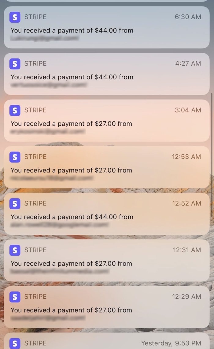 Stack of Stripe payment notifications for $27, $44, and $67 orders