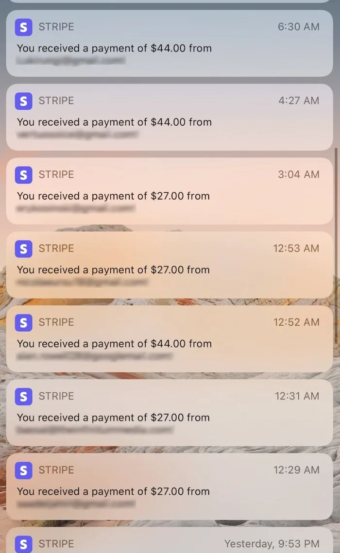 Stack of Stripe payment notifications for $27, $44, and $67 orders
