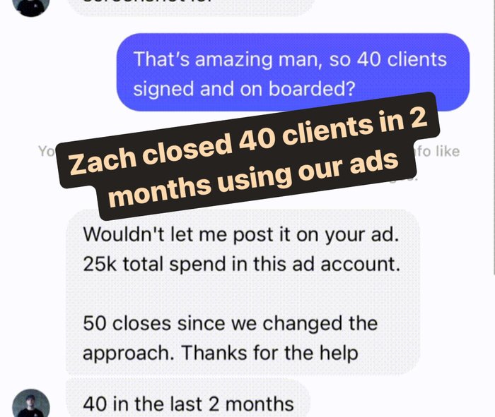 Zach's Messenger conversation showing 40 clients closed in 2 months