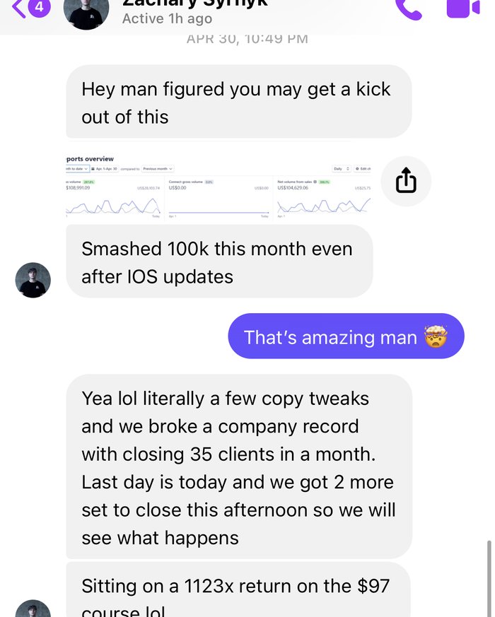 Messenger conversation about smashing $100k in a month and a 1123x return